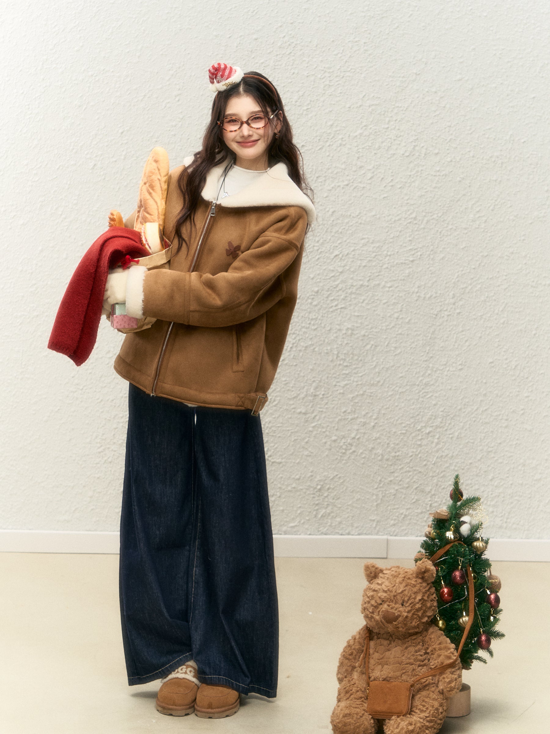Women's winter warm thick fur coat, warm fur collar, top designed with suede ELEVEN SLEEP