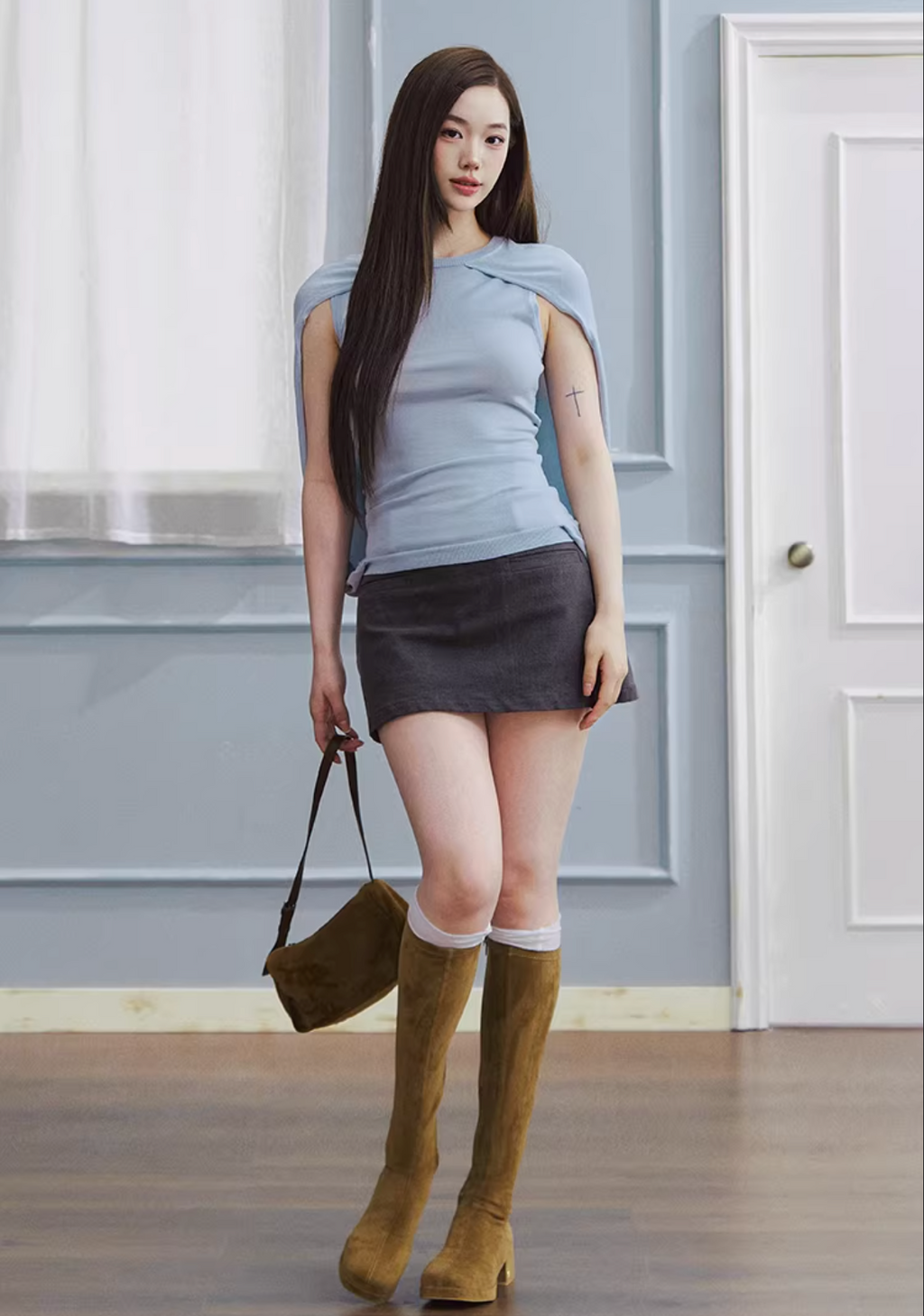 LaluneDuCiel Low-waisted, sexy, versatile, simple mini skirt, washed denim material, for women