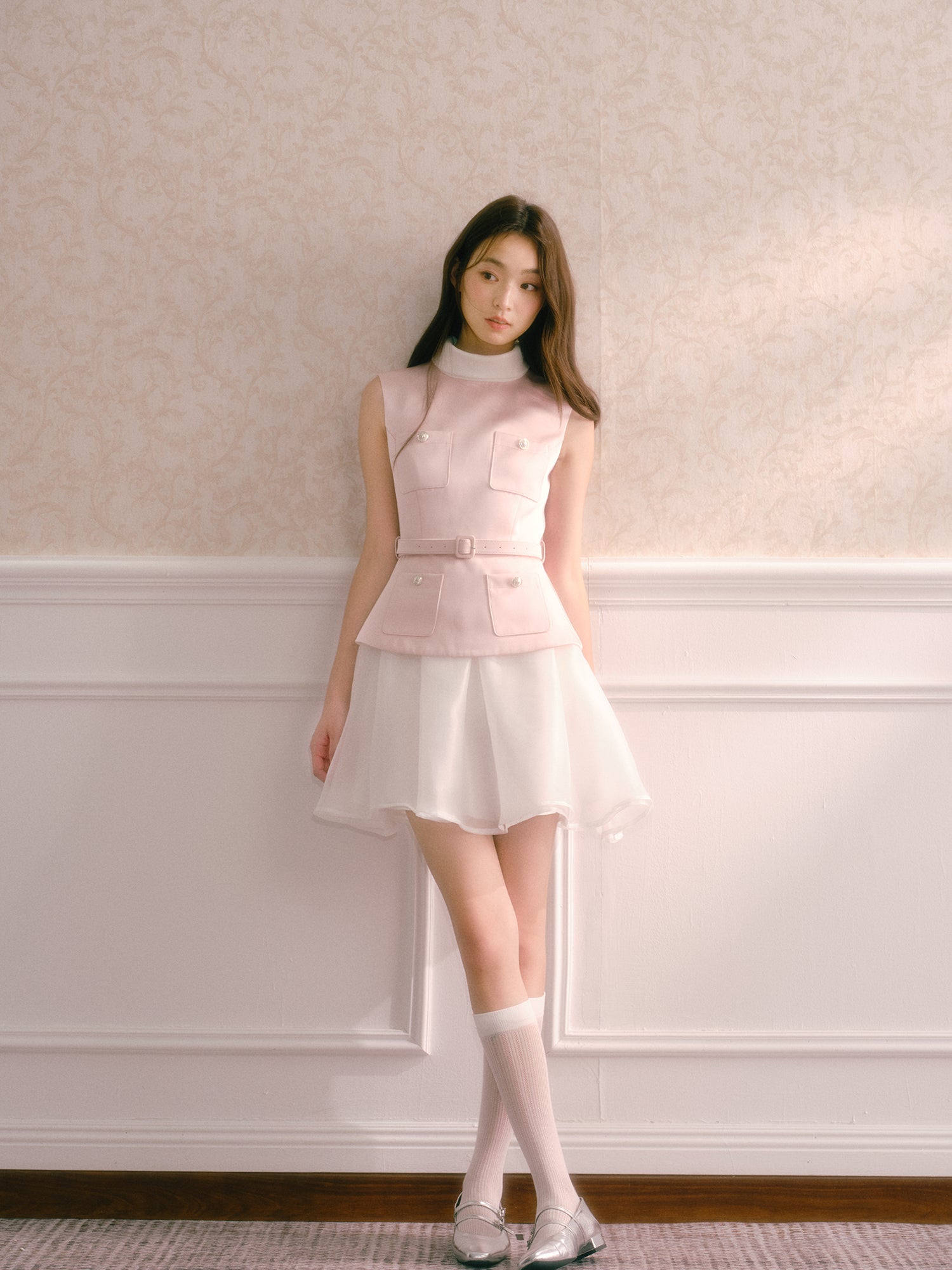 Pink satin dress with faux pearl mini turtleneck two-piece with puffy skirt and belt Recit