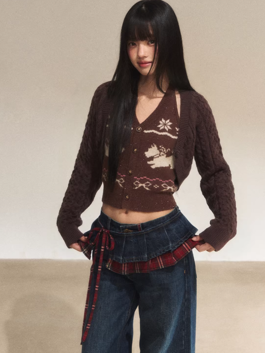 WEEKENDHUB Fair Isle jacquard knitted two-piece shirt for women, halter neck style, high-end brand.