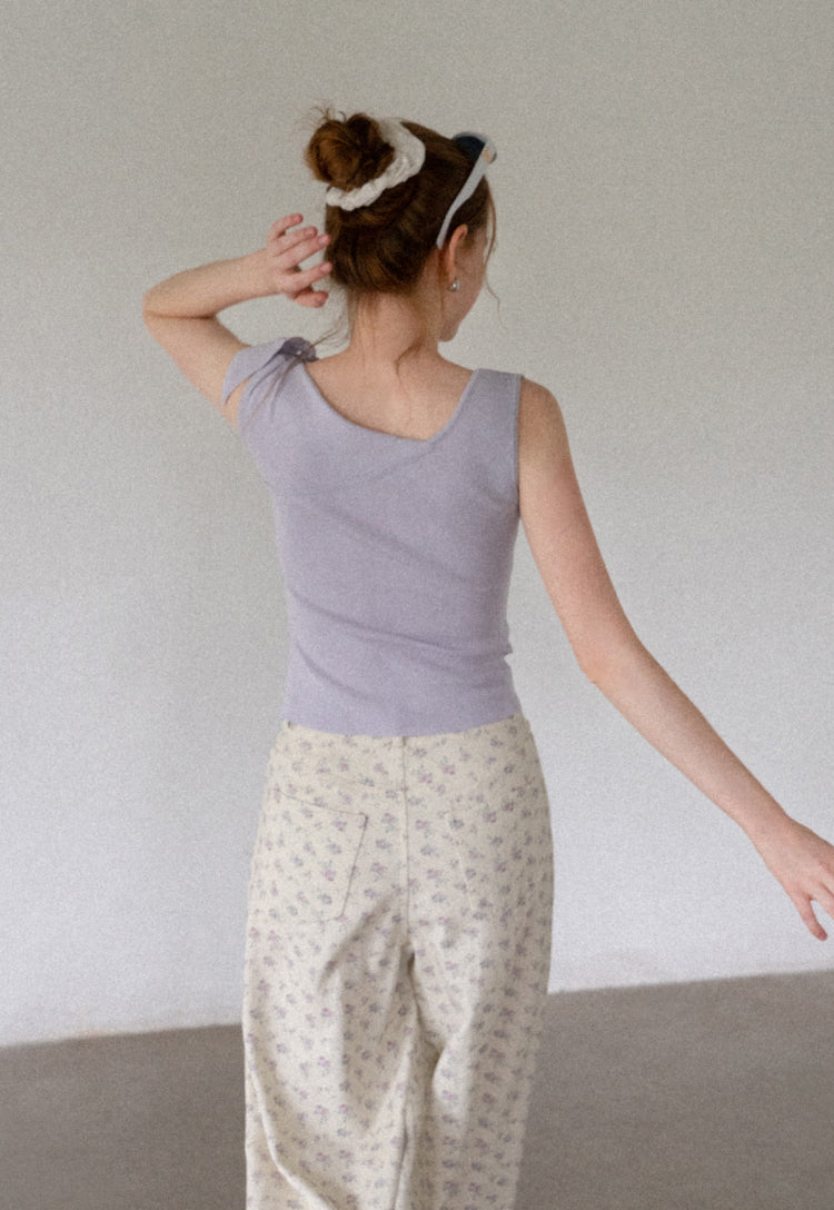 EGGKA Purple Women's Summer Sleeveless Pleated Knit Top with Turn-down Collar