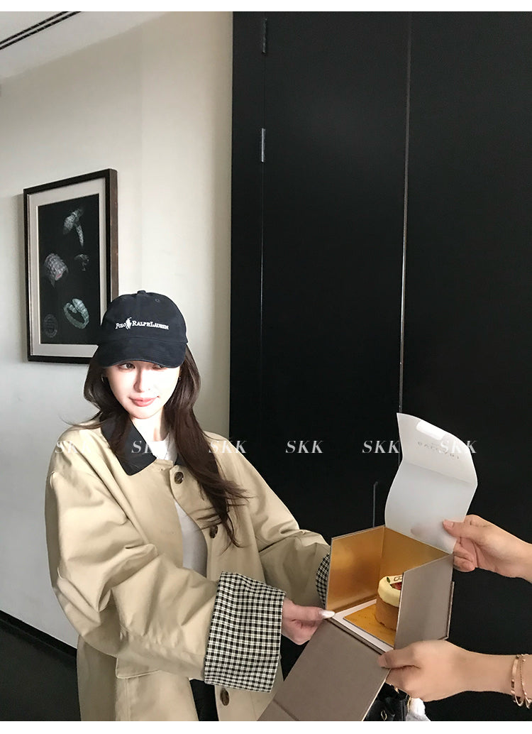 SKK High quality khaki jacket with multi-color plaid pattern, short and loose fit, autumn style for women.