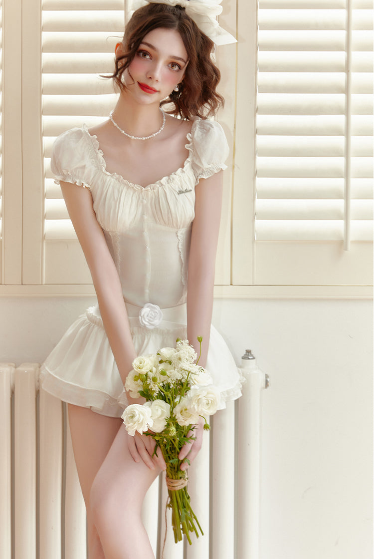 "Wind Chimes Waiting for You After Class" - A-line dress and skirt set with puff sleeves and lace, perfect for summer student style.