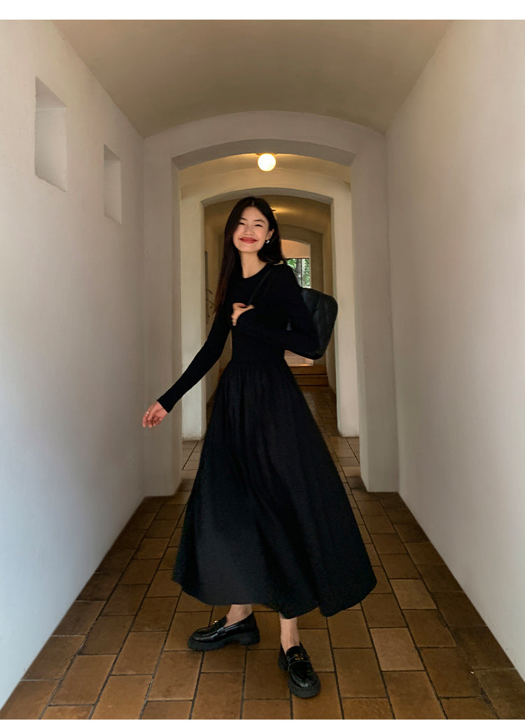 High-end long-sleeved dress for women with slim waist and Hepburn style Pusumede long dress