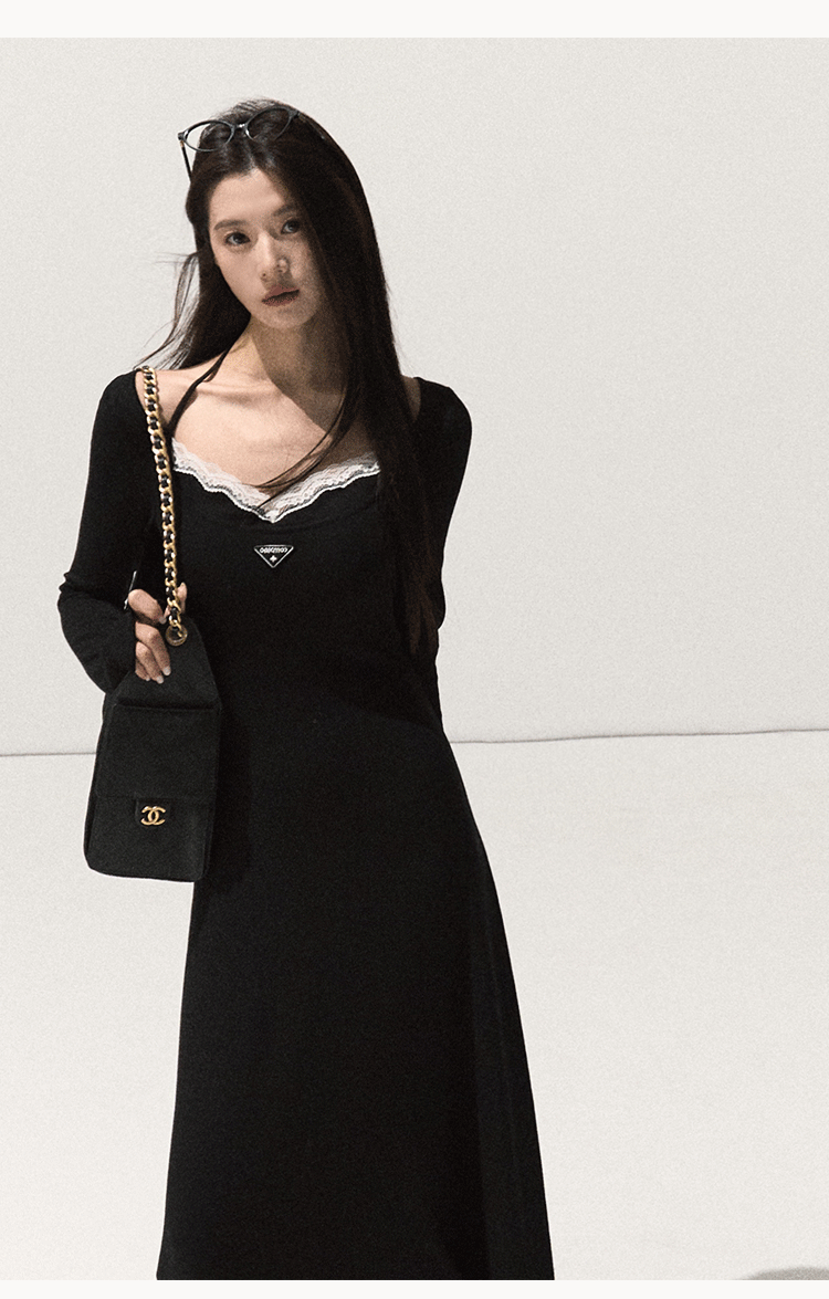 OAKMOO Black Two-piece Long Sleeve Faux Lace Halter Neck Waist Tie Dress, Autumn/Winter Long Dress with Waist Tie