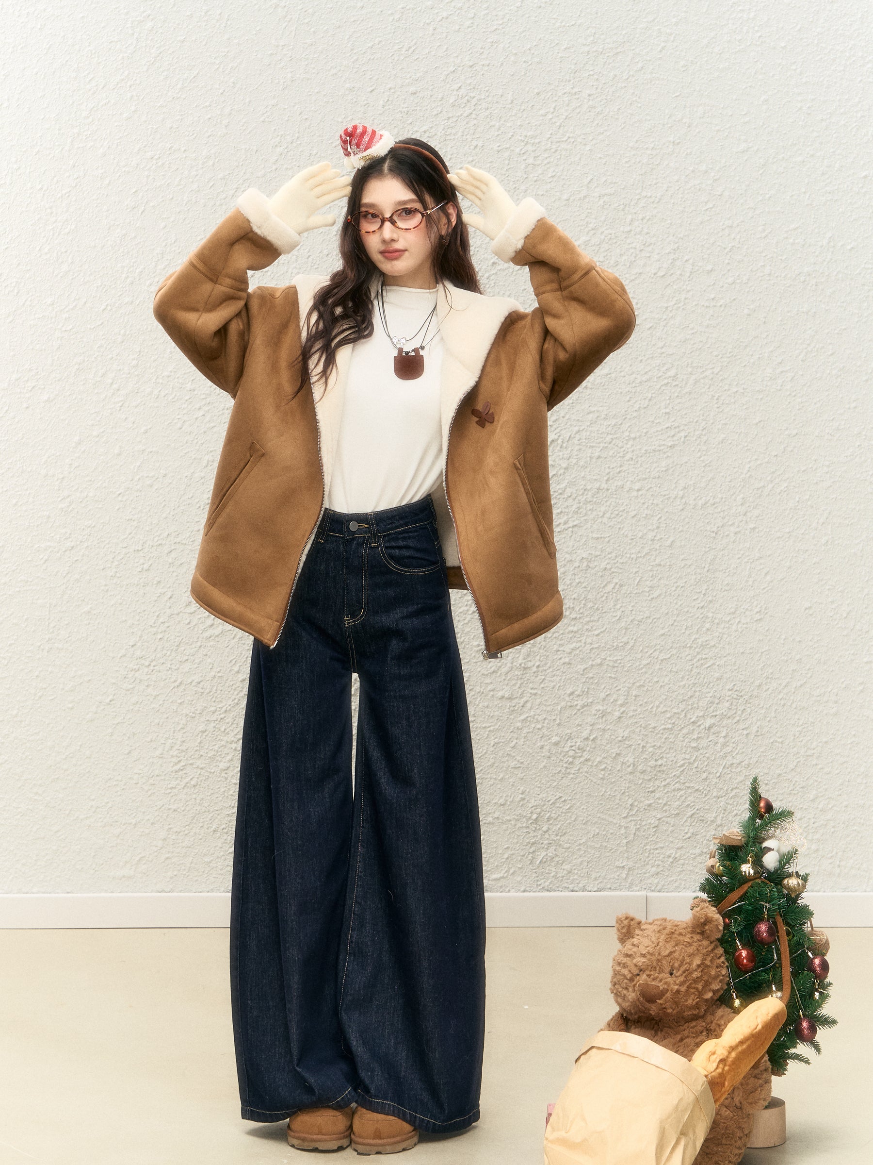Women's winter warm thick fur coat, warm fur collar, top designed with suede ELEVEN SLEEP