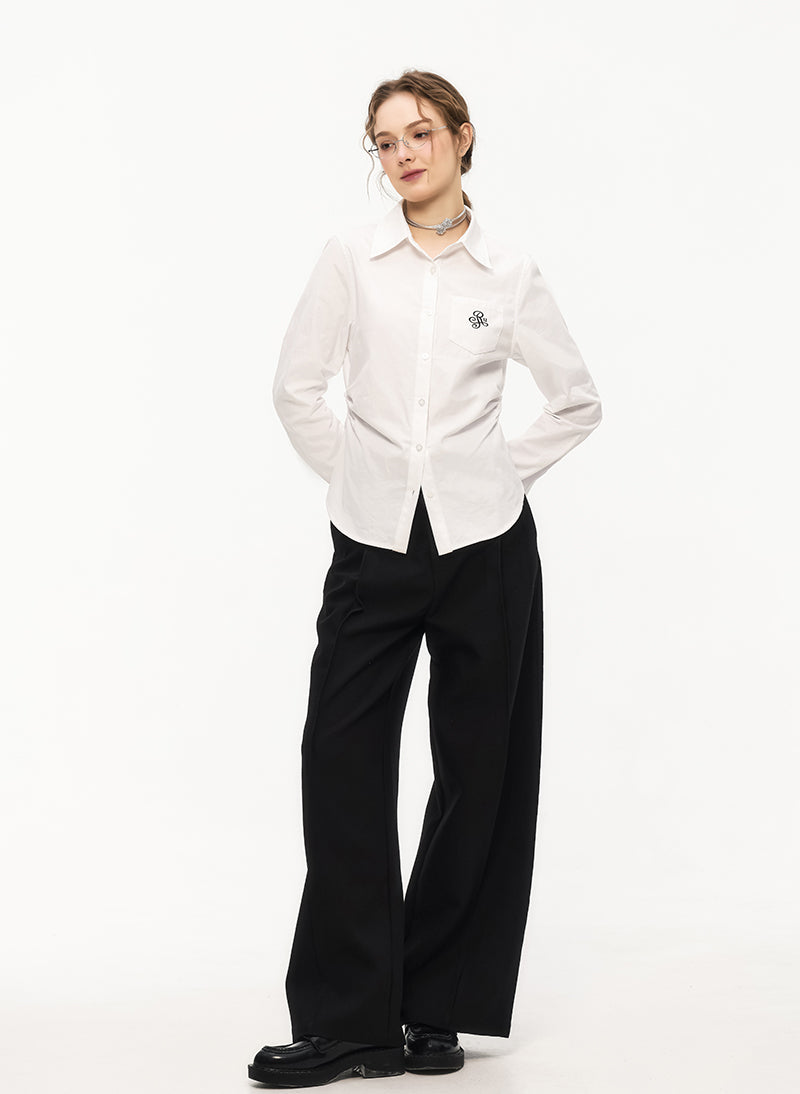 IKYOU Women's New Spring Simple White Long Sleeve Shirt Embroidered Logo Slim Waist Multi-function Lapel Lining Shirt