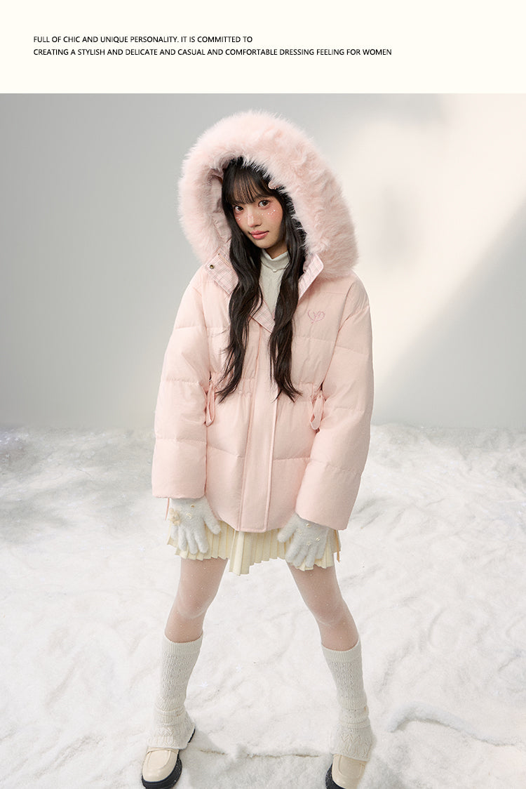 UMOUMO [90% White Duck Down] Mushroom Sweet Waist Slimming Two-Way Placowork Patchwork Down Jacket with Hood and Detachable Fur Collar