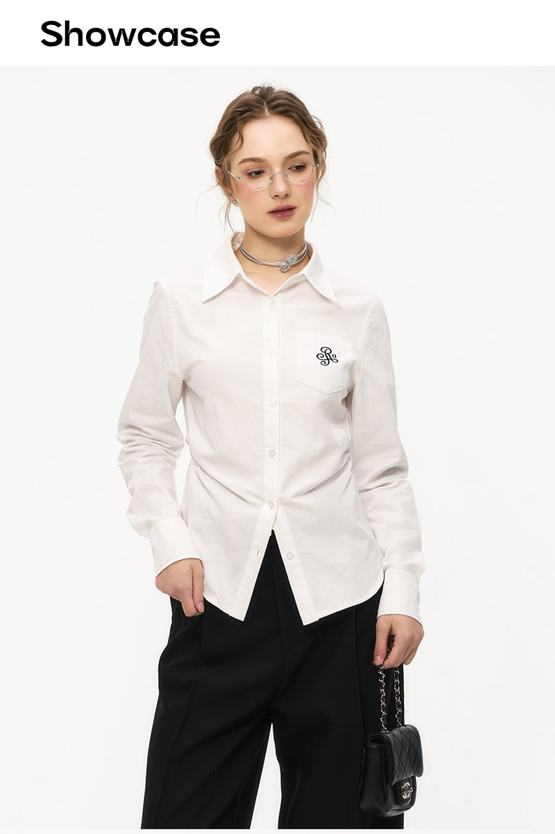 IKYOU Women's New Spring Simple White Long Sleeve Shirt Embroidered Logo Slim Waist Multi-function Lapel Lining Shirt