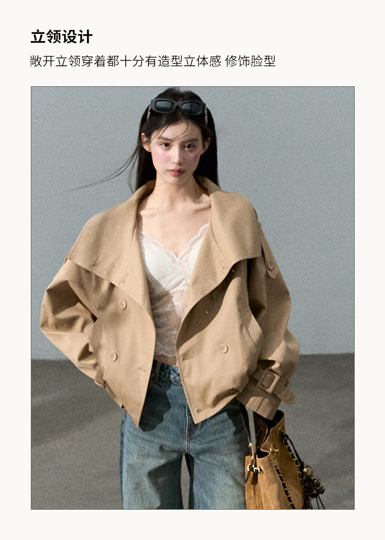 Oakmoo "Through the Oak Woods" Short Double-Breasted Lyocell Cotton Stand Collar Trench Coat