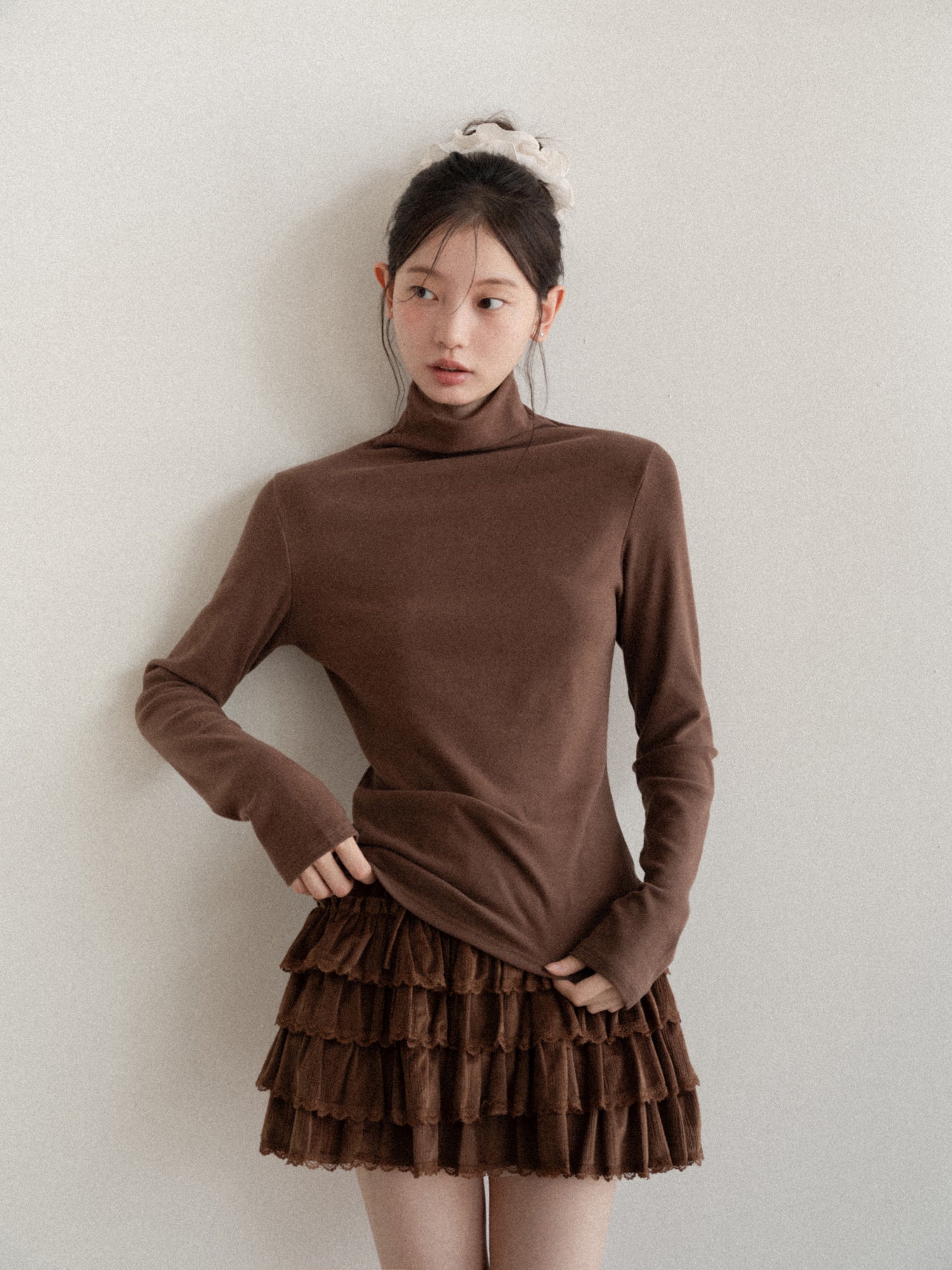 CANTONSTORY Guangzhou Story women's winter retro solid color high-neck long-sleeved T-shirt, new style, loose and warm