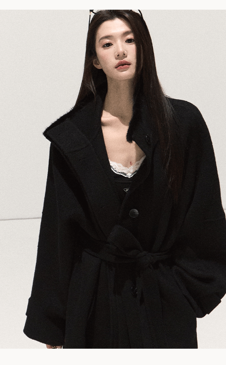 OAKMOO Black Two-piece Long Sleeve Faux Lace Halter Neck Waist Tie Dress, Autumn/Winter Long Dress with Waist Tie