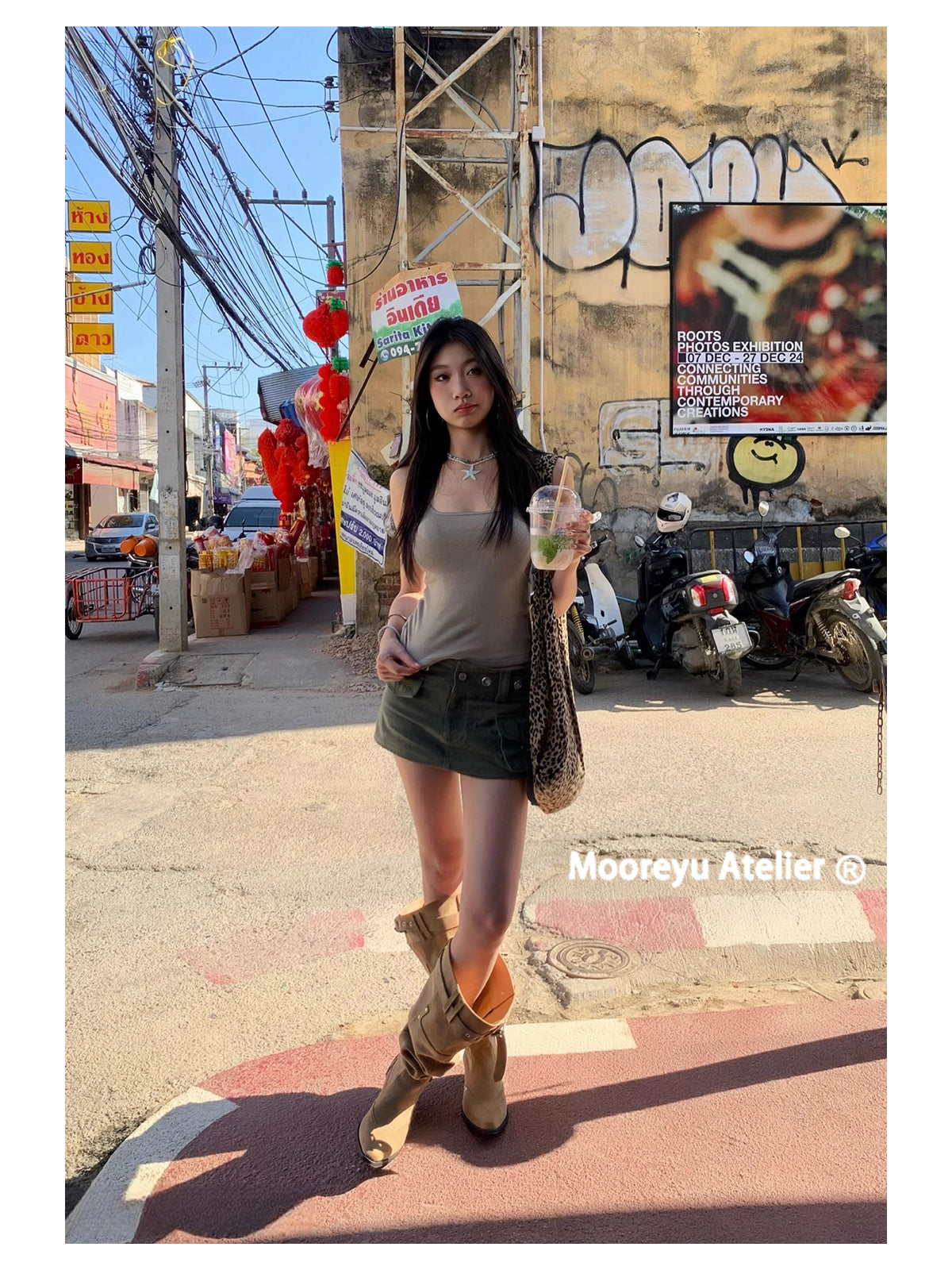 MOOREYU Women's knee high boots autumn winter 2025 women's khaki suede pointed toe boots thick heel thin pleated boots