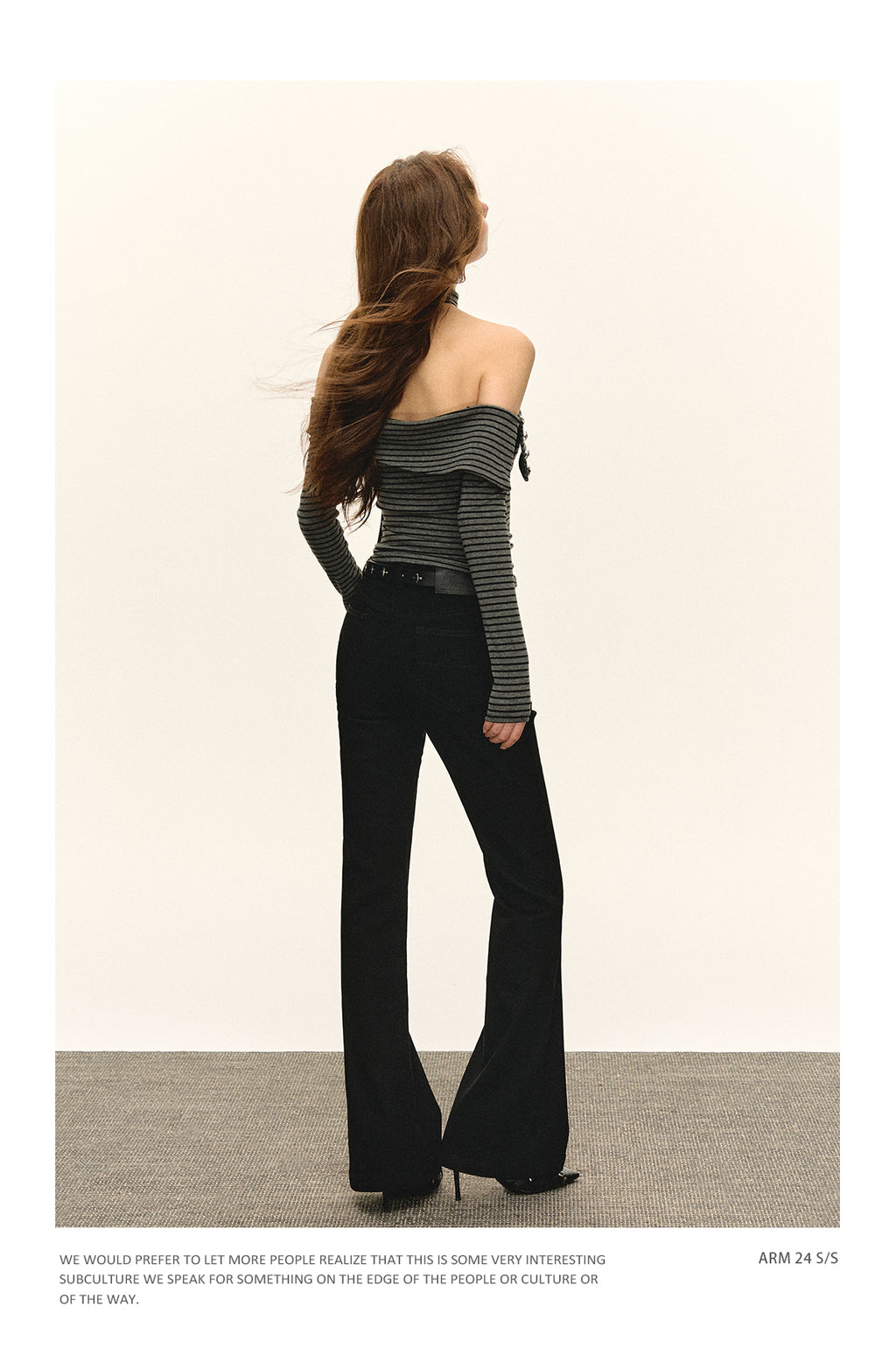 Ariseism American fashion autumn winter black striped off-the-shoulder long-sleeved t-shirt for women