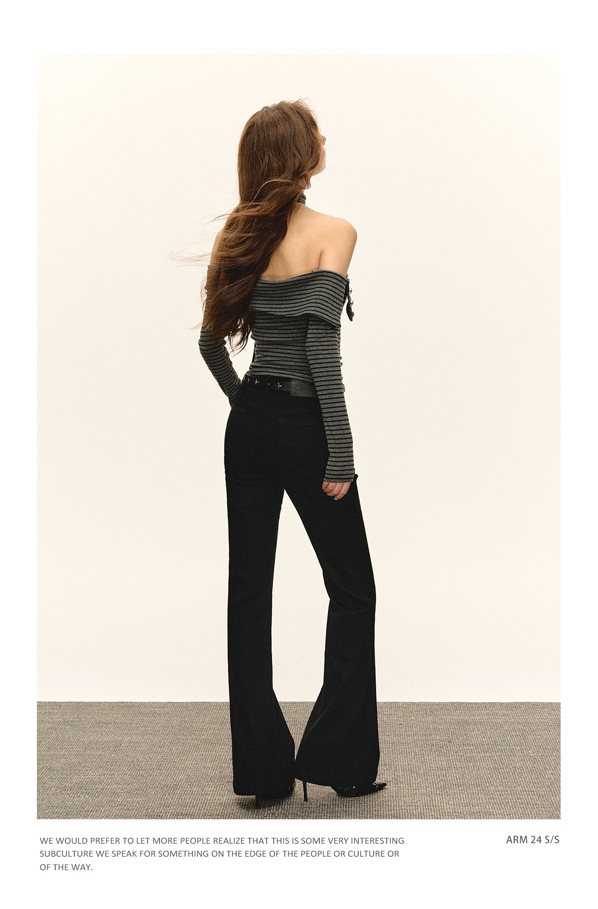 Ariseism American fashion autumn winter black striped off-the-shoulder long-sleeved t-shirt for women