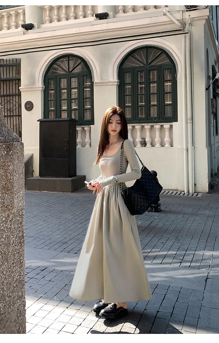 Mulvan High Quality French Style Women's Square Neck Long Sleeve Knit Dress