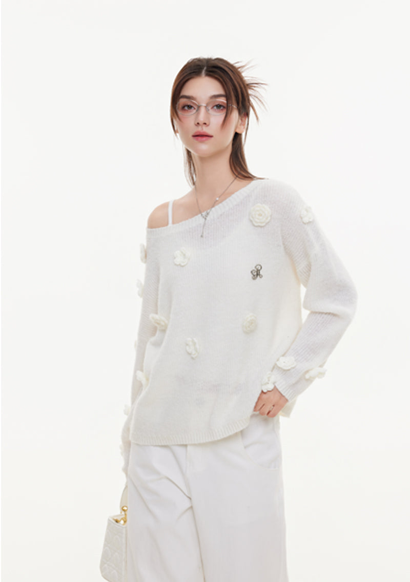 IKYOU women's spring and autumn new flower mohair sweater long sleeve loose fit off-shoulder sweater