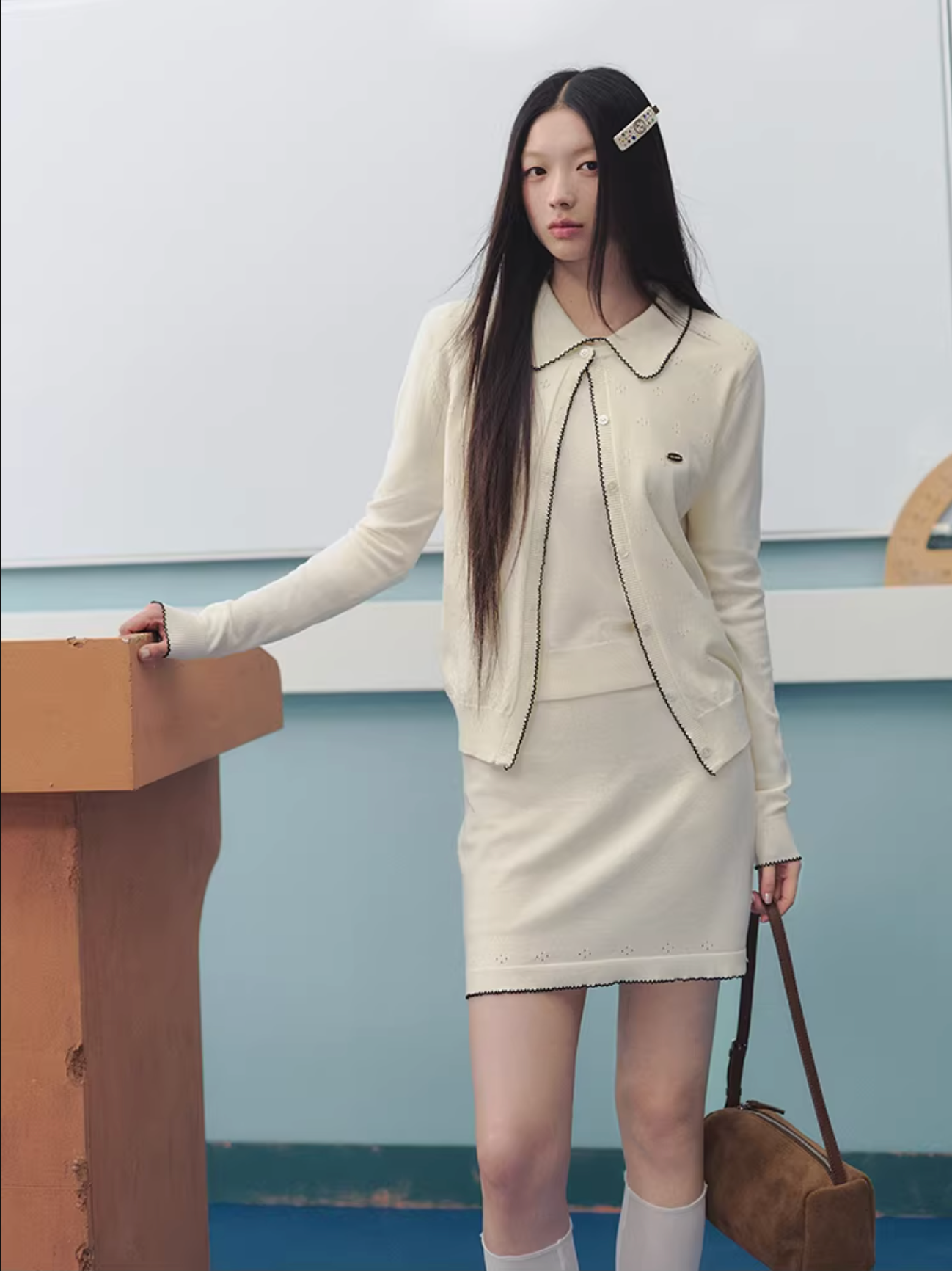 LaluneDuCiel Women's outfit includes knitted floral cardigan, short sleeves and knee-length skirt, French style
