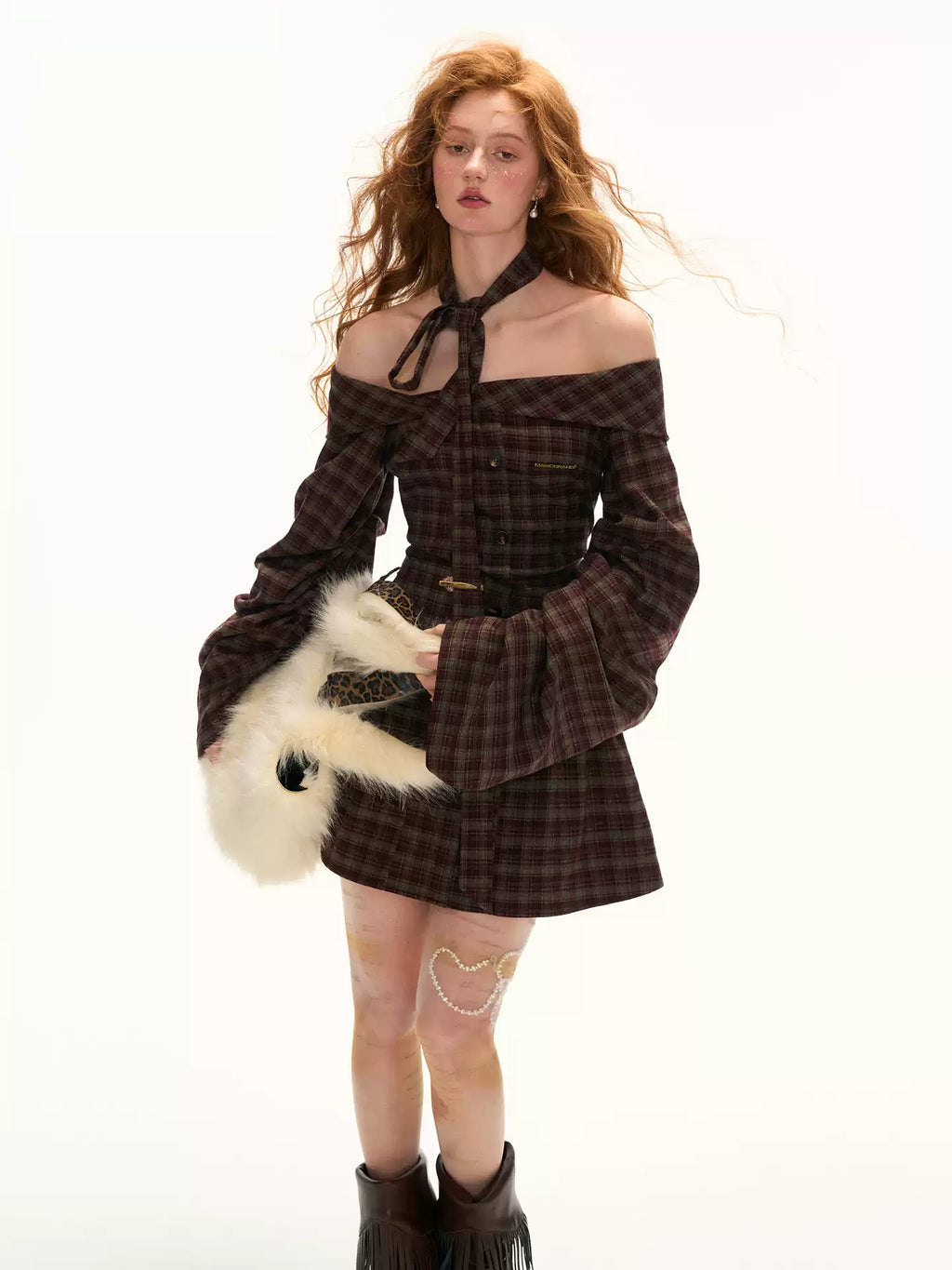 MAMC new autumn retro long women's off-shoulder plaid shirt dress