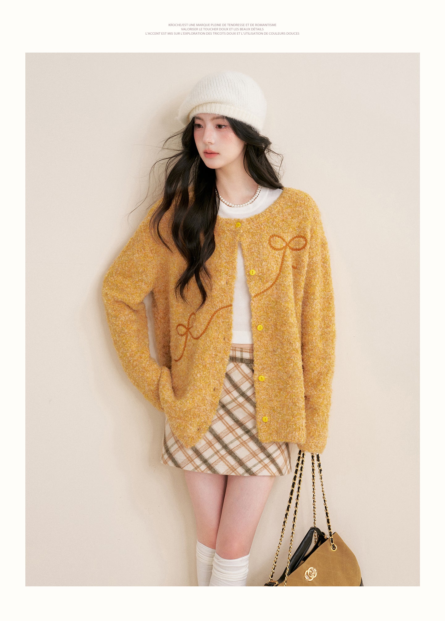 KROCHE Sunset Fluffy 25aw Thick Floral Bow Embroidered Cardigan