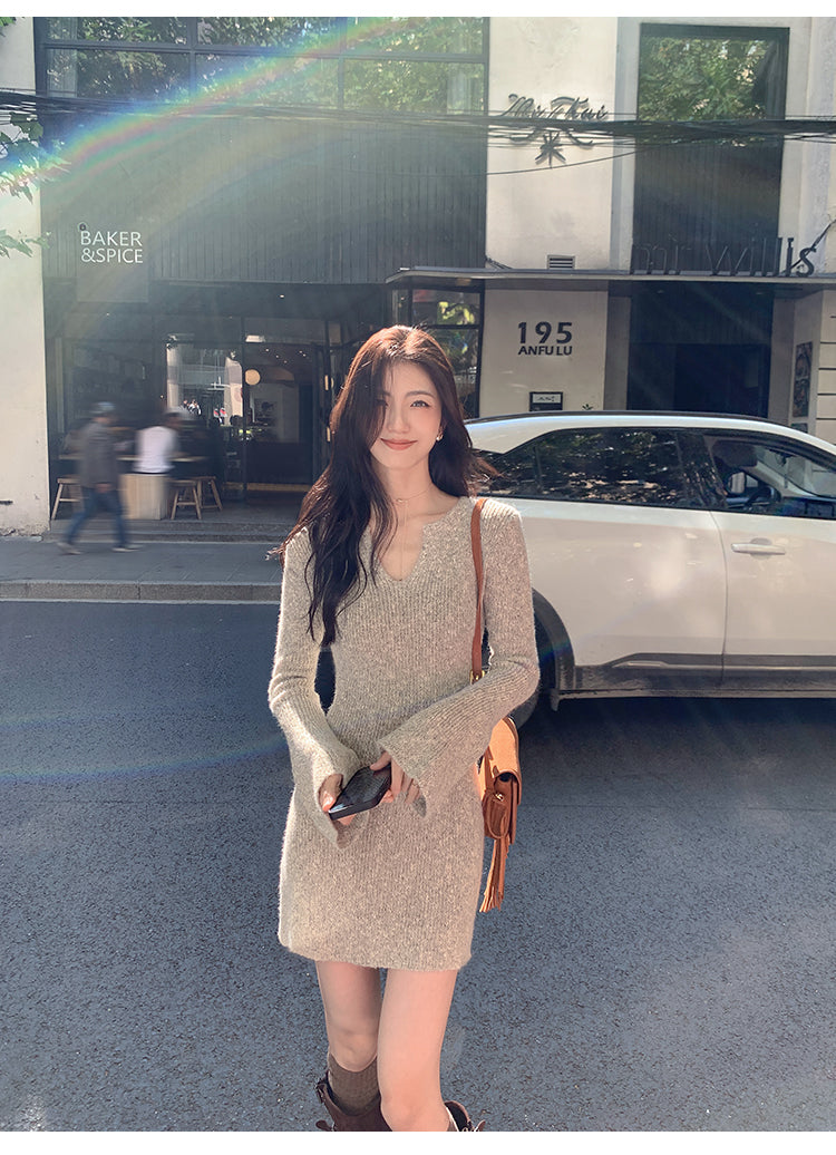 MULVAN MULVAN Women's Sexy V-Neck Sweater Dress, Fall/Winter, Slim Fit, Waistband, Bodycon Mini Skirt