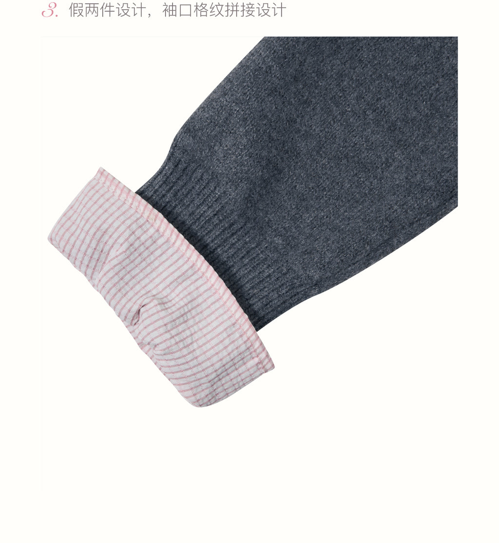 kroche 25AW two piece grey wool blend patchwork v neck sweater with bow