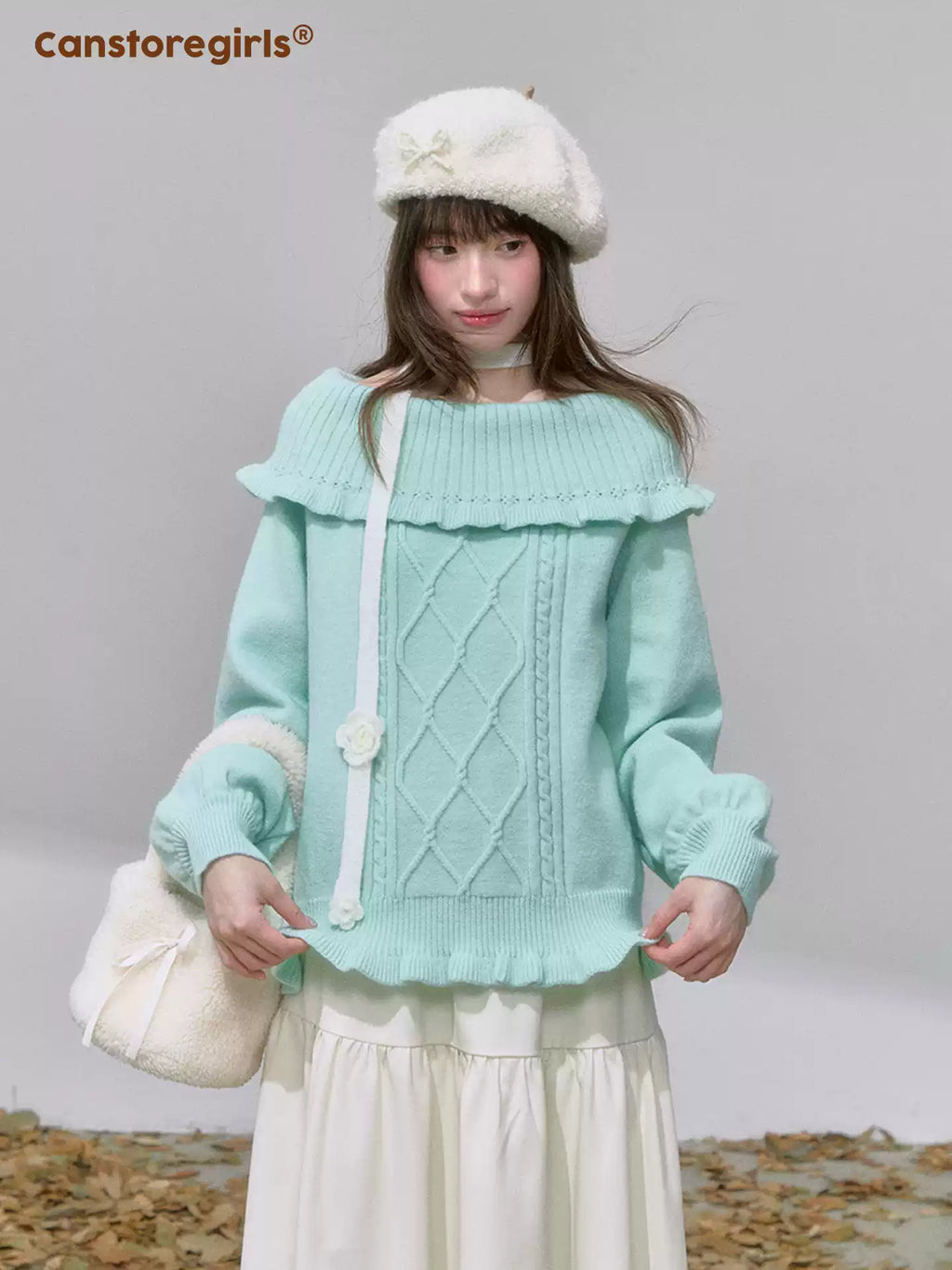 CANSTOREGIRLS Canned Goods Store Women's Mint Green Winter Off-the-Shoulder Rope Knit 'Mint Cloud Poem'