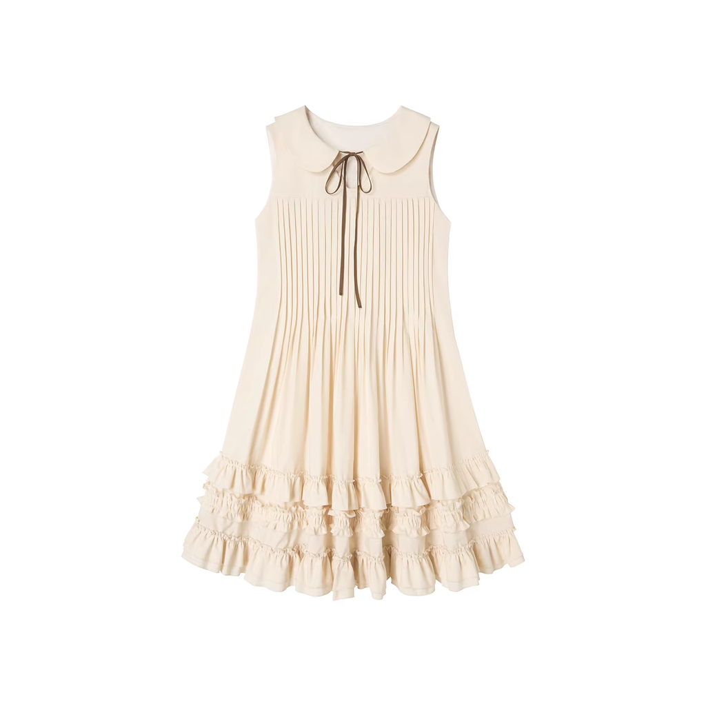 UENA Light yellow round neck sleeveless vest dress with ruffles at the bust and babydoll collar