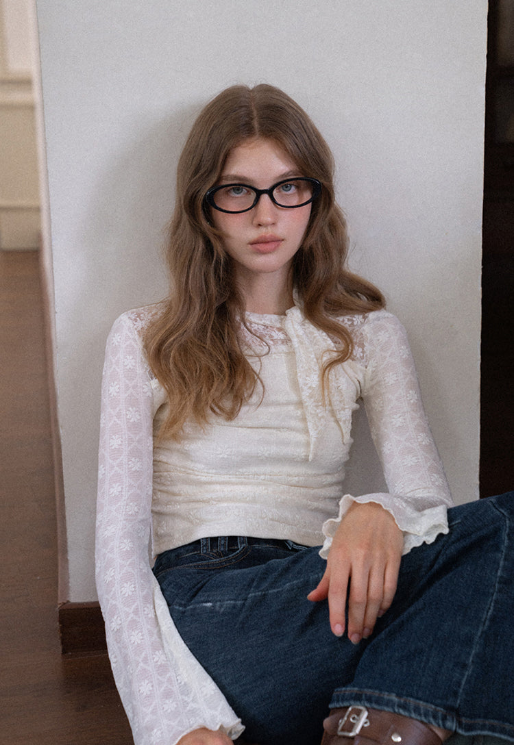 EGGKA floral lace bow tie neck T-shirt