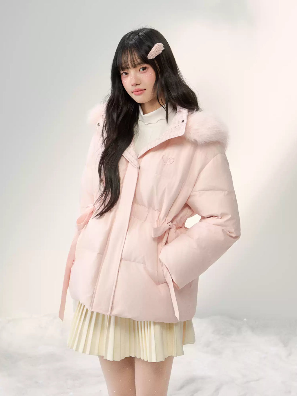 UMOUMO [90% White Duck Down] Mushroom Sweet Waist Slimming Two-Way Placowork Patchwork Down Jacket with Hood and Detachable Fur Collar