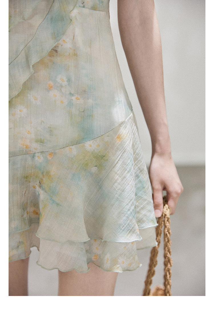 "Monet's ink painting" Callmelater sleeveless tencel halter neck dress with lace trim for the holiday season