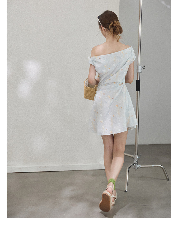 "Star Mist Hazy" Off-shoulder pleated floral print mini dress for women, summer Callmelater