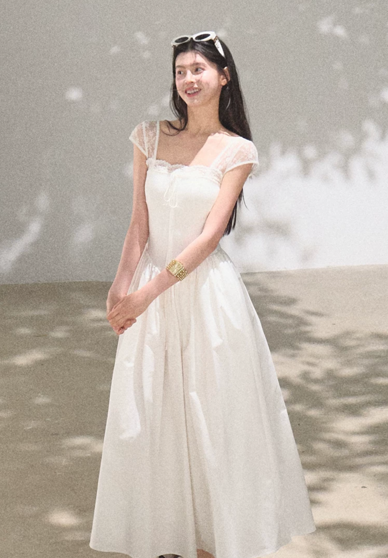 OAKMOO "Gently Pick Up" beach resort style lace slip dress with a waist-hugging skirt.