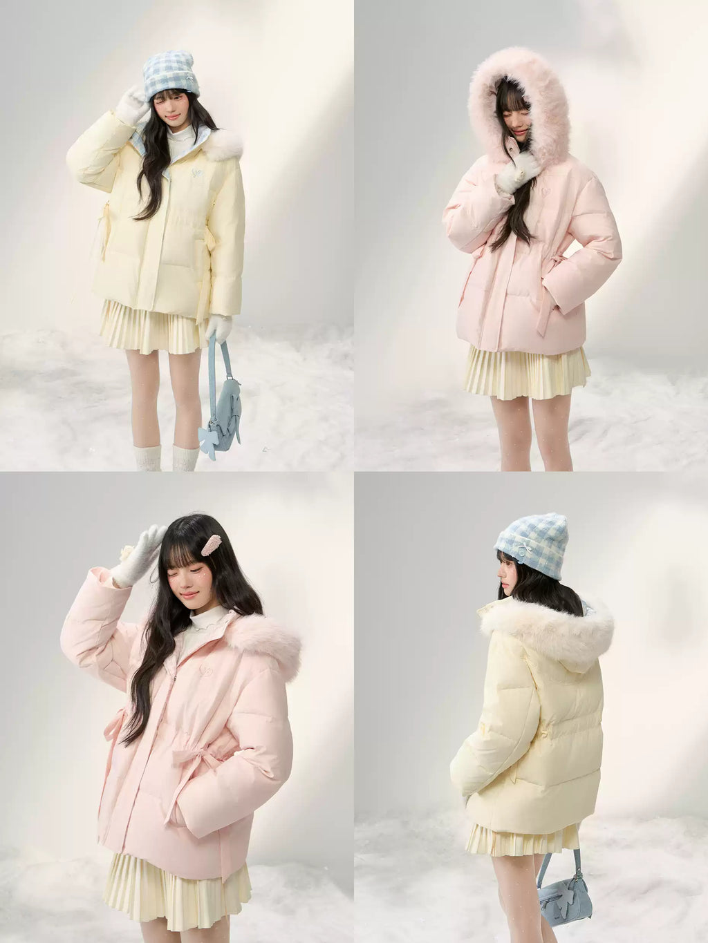 UMOUMO [90% White Duck Down] Mushroom Sweet Waist Slimming Two-Way Placowork Patchwork Down Jacket with Hood and Detachable Fur Collar