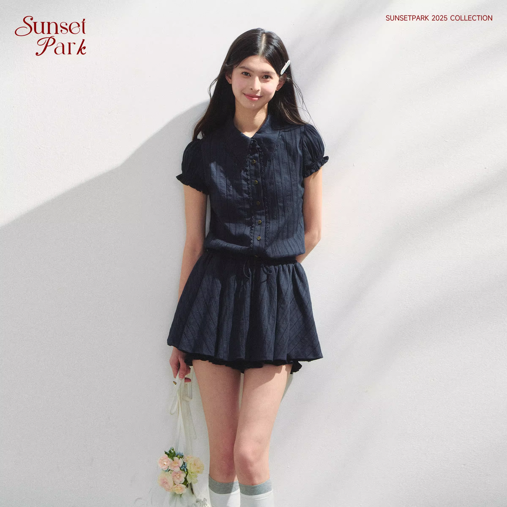 SUNSETPARK Student-style navy blue short-sleeved shirt dress