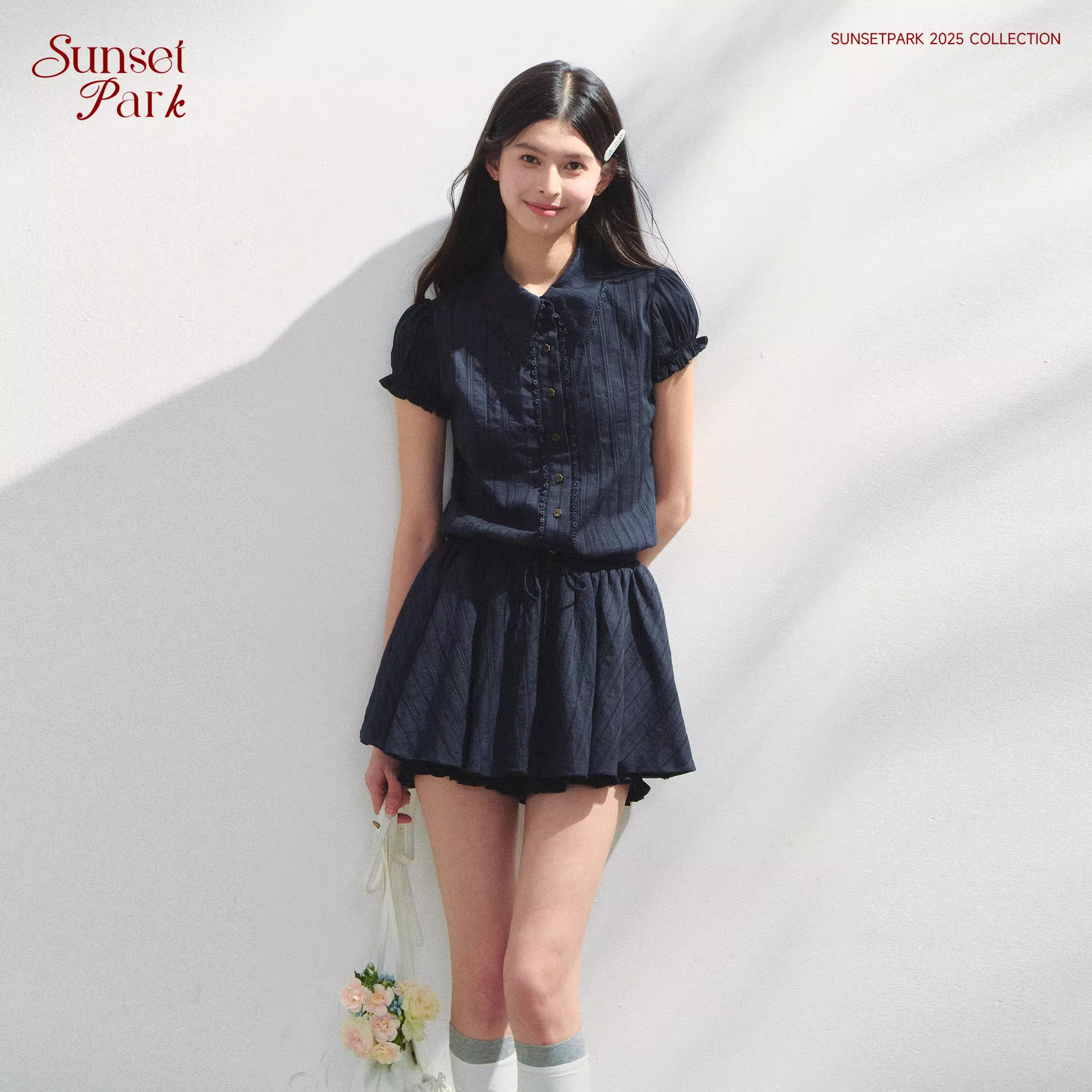 SUNSETPARK Student-style navy blue short-sleeved shirt dress