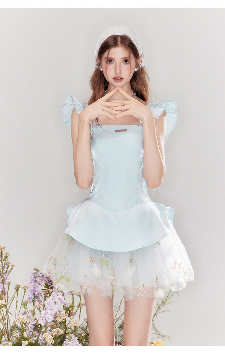 "Love & Reverie" Flowy satin ballgown with puff sleeves and a fitted waist.