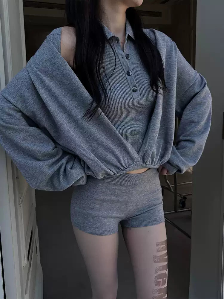 Off-shoulder sweater set + HYTEMOLY shorts