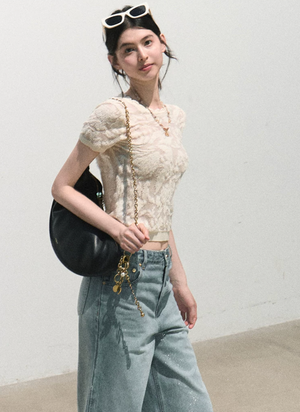 OAKMOO / "Two Summers" Bohemian organza jacquard short-sleeve knitted t-shirt with hollow out top