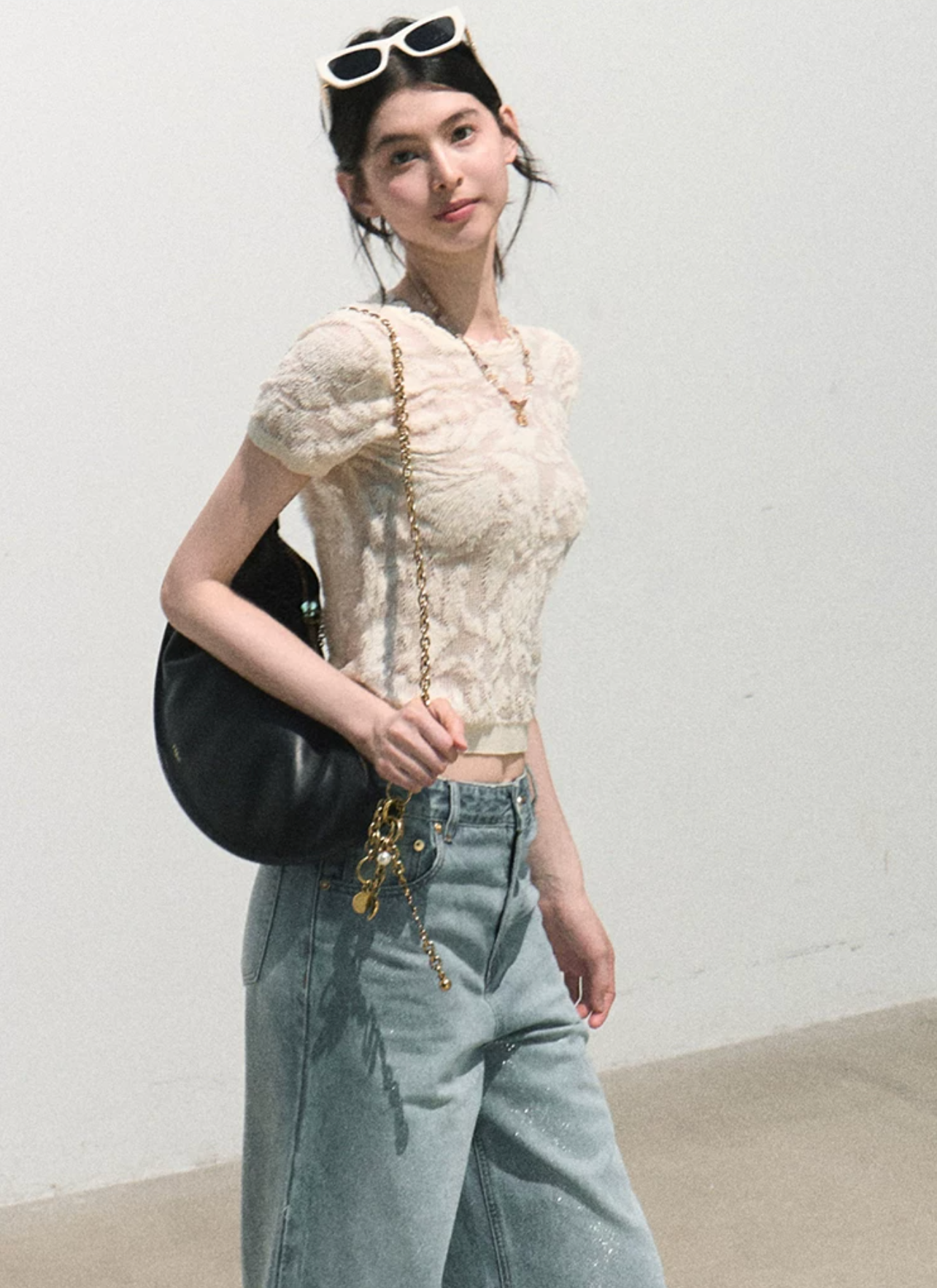 OAKMOO / "Two Summers" Bohemian organza jacquard short-sleeve knitted t-shirt with hollow out top