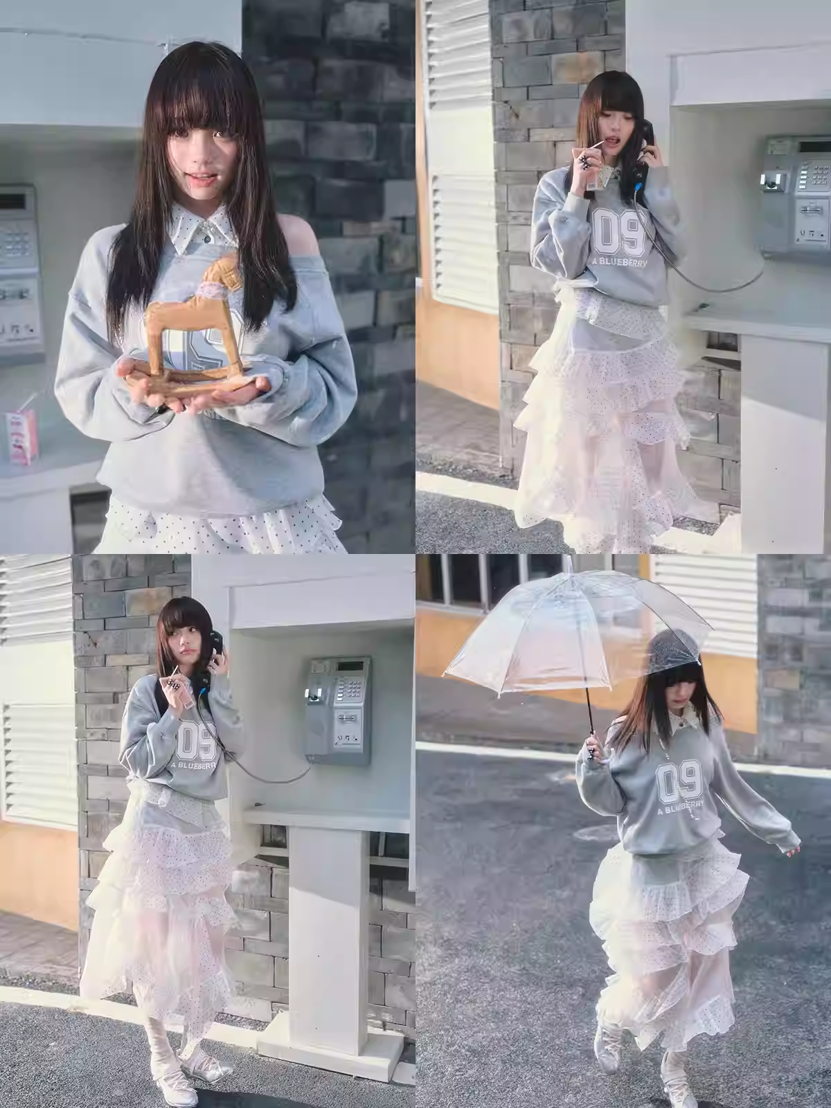 ABLUEBERRY off-shoulder sweatshirt with blueberry print, similar to Pei Jiaxin's style, and a polka dot sporty tank top for women, Spring/Summer 2026 collection.