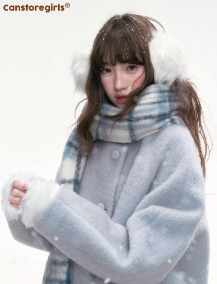 CANSTOREGIRLS Winter Blue Double Lapel Long Quilted Wool Overcoat