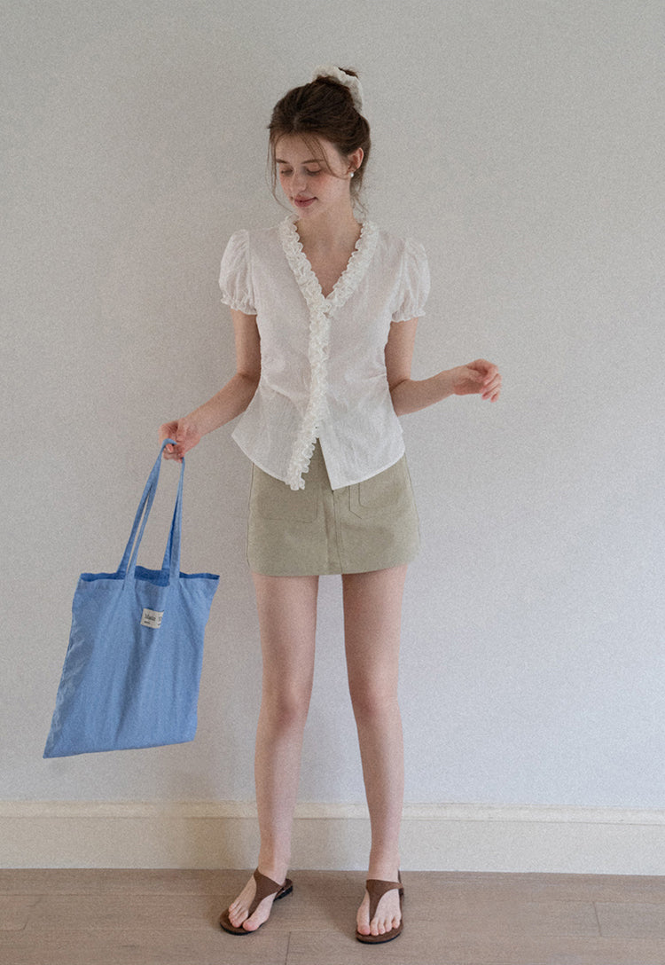 EGGKA Women's Summer V-Neck Puff Sleeve Wood Fabric Short Sleeve Shirt, Waist Design, Slim Fit