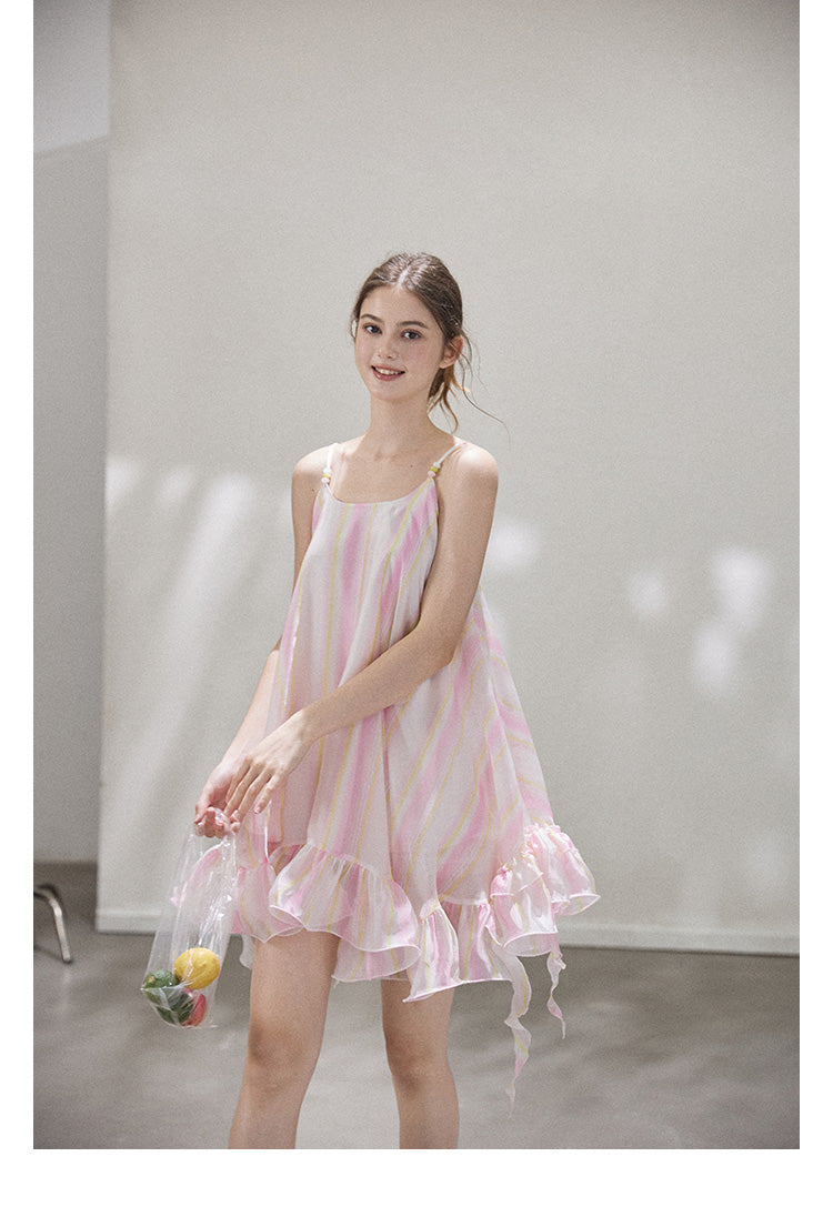 "Liuli Tangyu" Short, ruffled pinafore dress in a resort style, featuring a neon ombre Callmelater design.