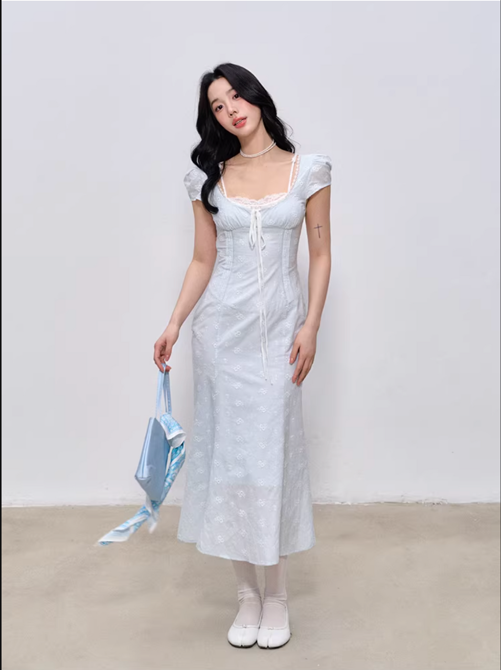 LaluneDuCiel Pure cotton long/short dress with square neck, slim waist, lace for women, suitable for spring