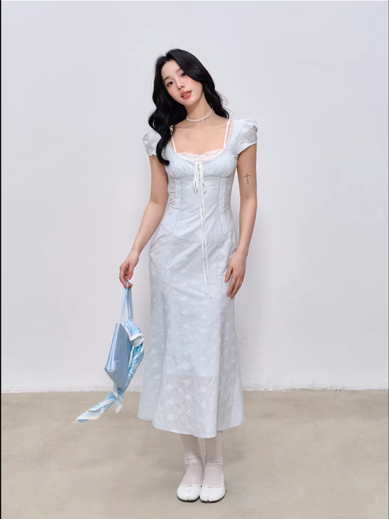 LaluneDuCiel Pure cotton long/short dress with square neck, slim waist, lace for women, suitable for spring