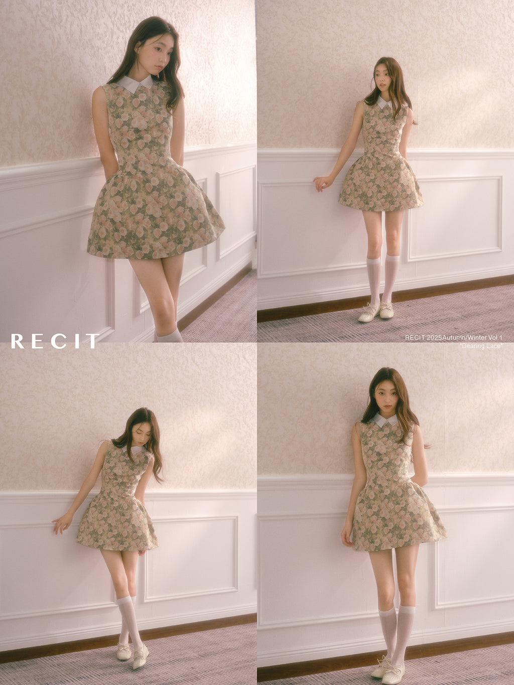 Women's classic autumn-winter style sleeveless shirt collar dress with rose pattern, high-waist flowing vest dress RECIT