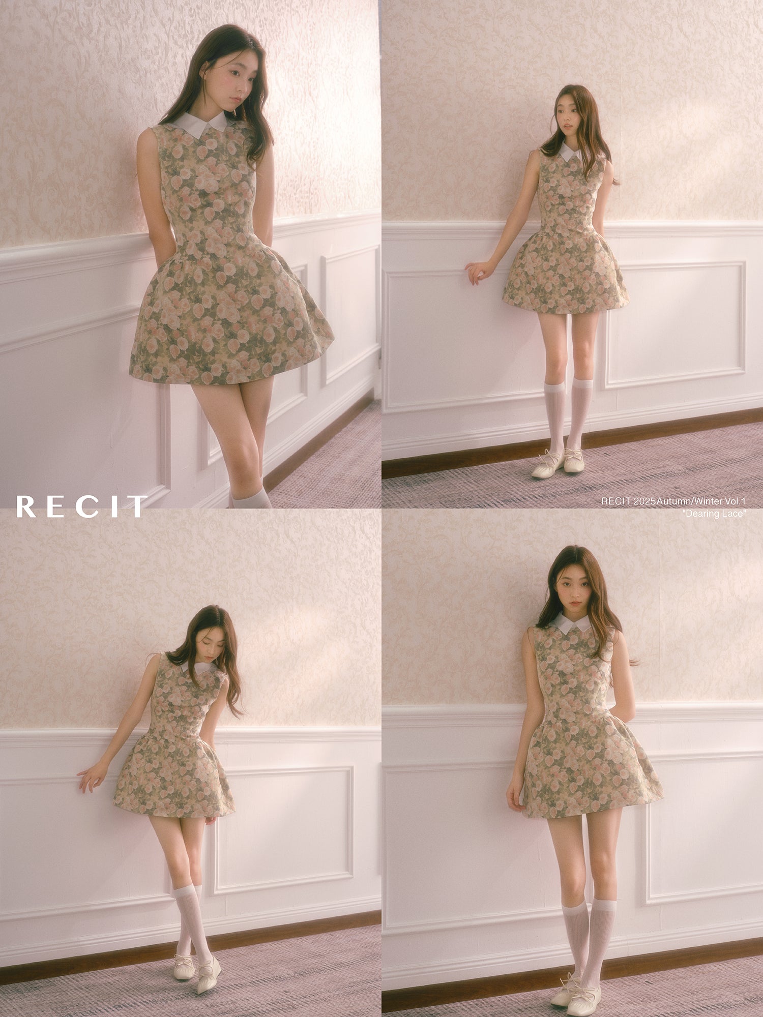 Women's classic autumn-winter style sleeveless shirt collar dress with rose pattern, high-waist flowing vest dress RECIT