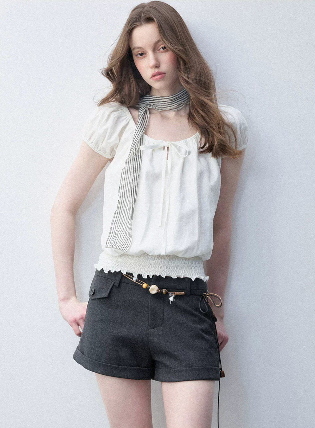 LUAMOSS Korean-style short-sleeved T-shirt with tulip pattern "Lyocell Ramie Blend" for women, breathable and flattering