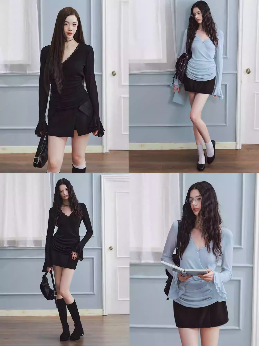 LaluneDuCiel Light, soft, flared long-sleeved T-shirt, V-neck, light chiffon material, for women, perfect for spring.